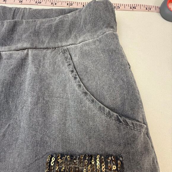 Made In Italy Charcoal Pull On Gray Pants Sequin Patches Wide Drawstring Waist - Picture 15 of 16